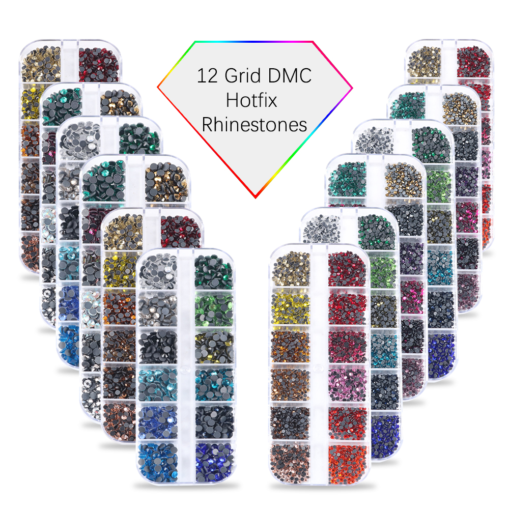 Novo conjunto de caixa 45 cores dmc quente fix strass mix 6 tamanhos vidro cristal ferro em strass para vestuário acessórios