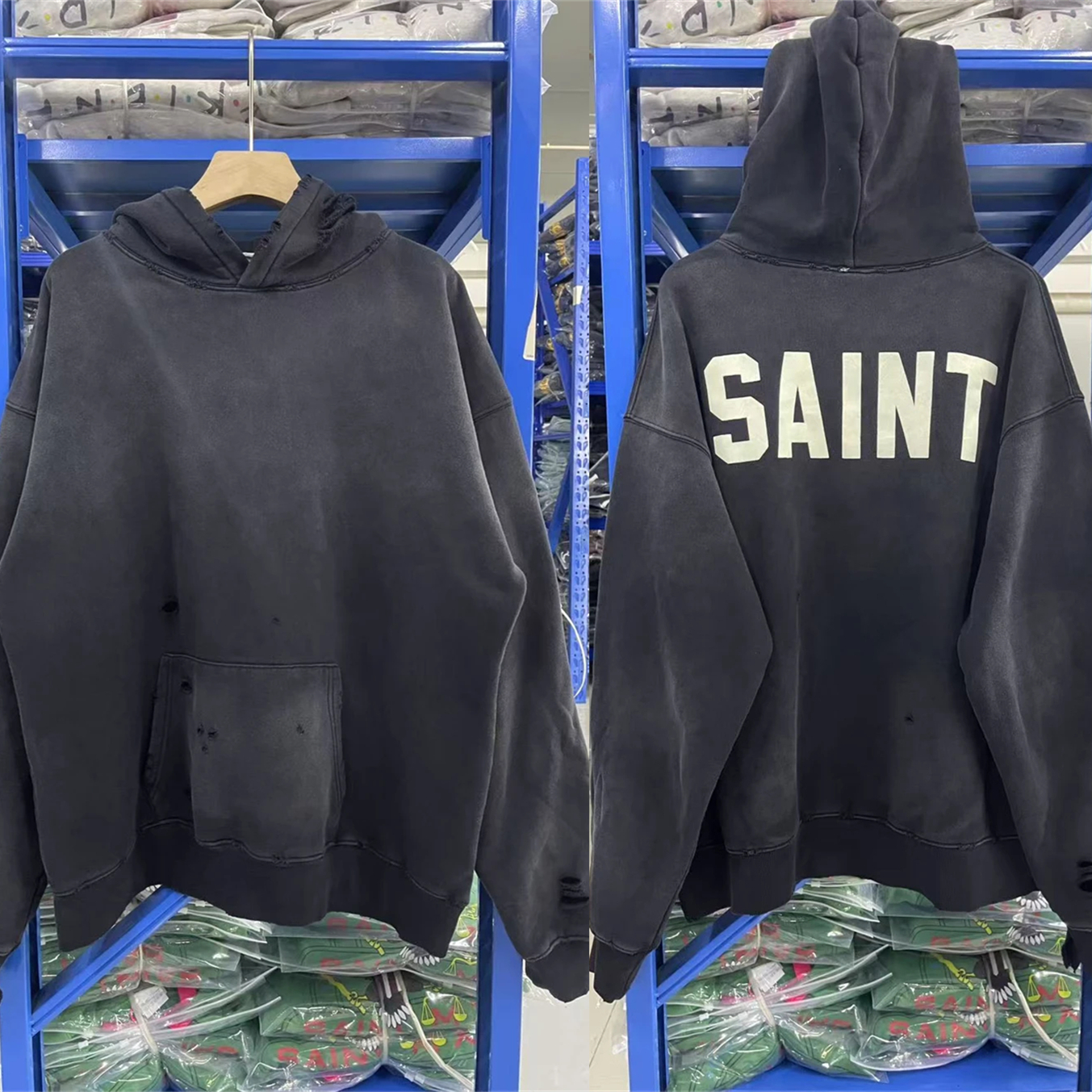 Jersey Saint negro lavado para hombre y mujer, ropa de calle, Sudadera con capucha