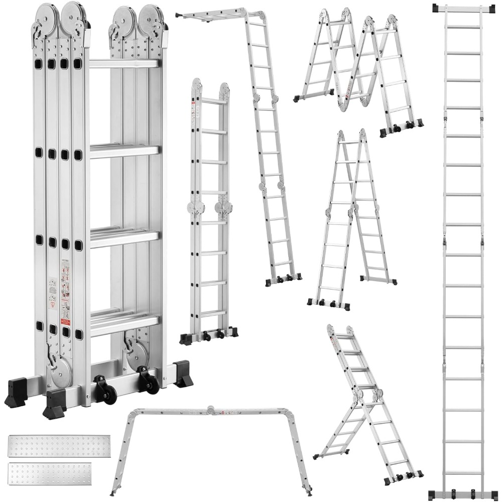 Wielofunkcyjna drabina 7 w 1, 4x4 stopnie, 4,70 m, aluminiowa, wielofunkcyjna drabina z 2 platformami i 2 ruchomymi kółkami, 16