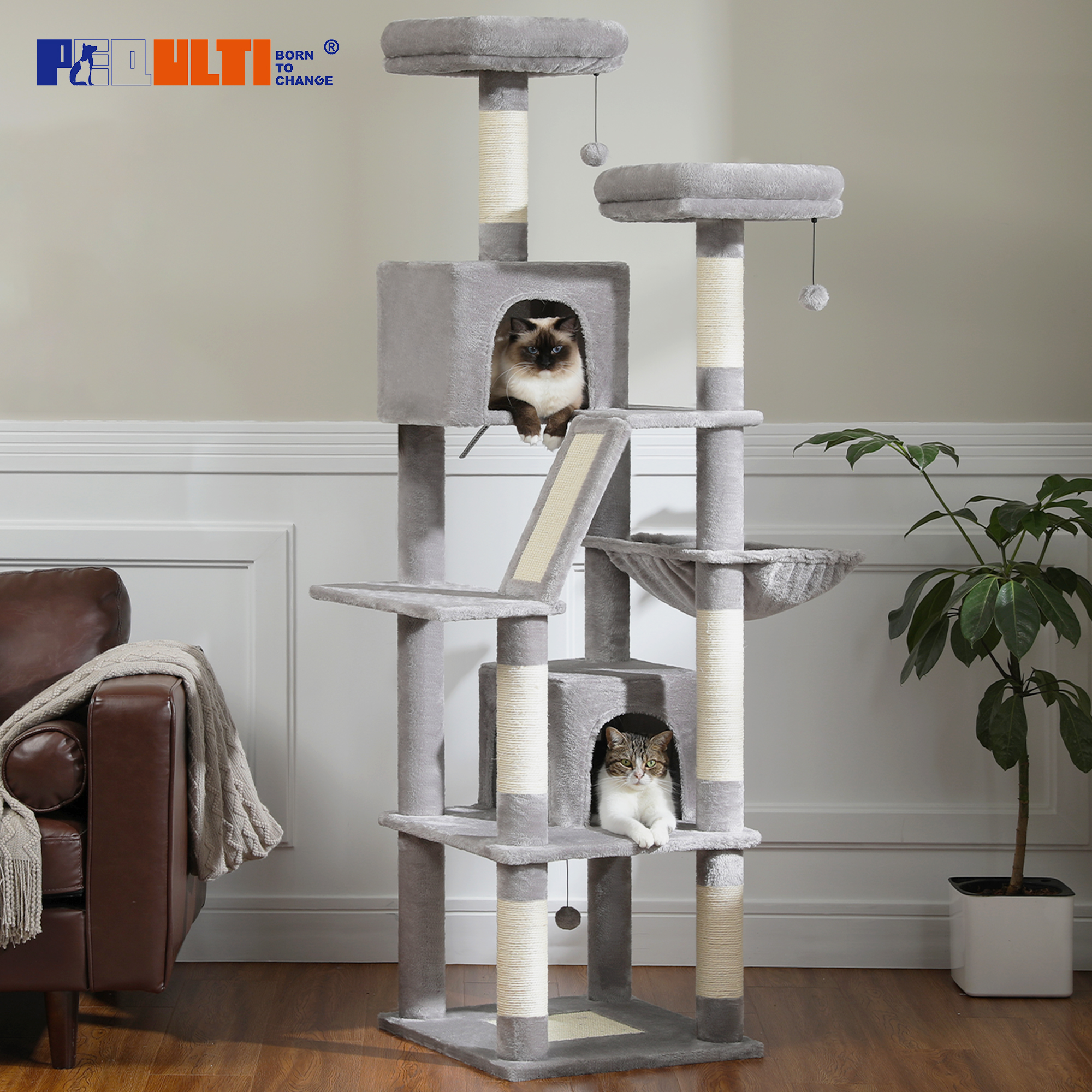 ต้นไม้แมวขนาดใหญ่สูง Cat Tower สําหรับแมวในร่มหลายระดับ Plush Cat คอนโดพร้อมโพสต์ Scratching บอร์ด Perches Caves