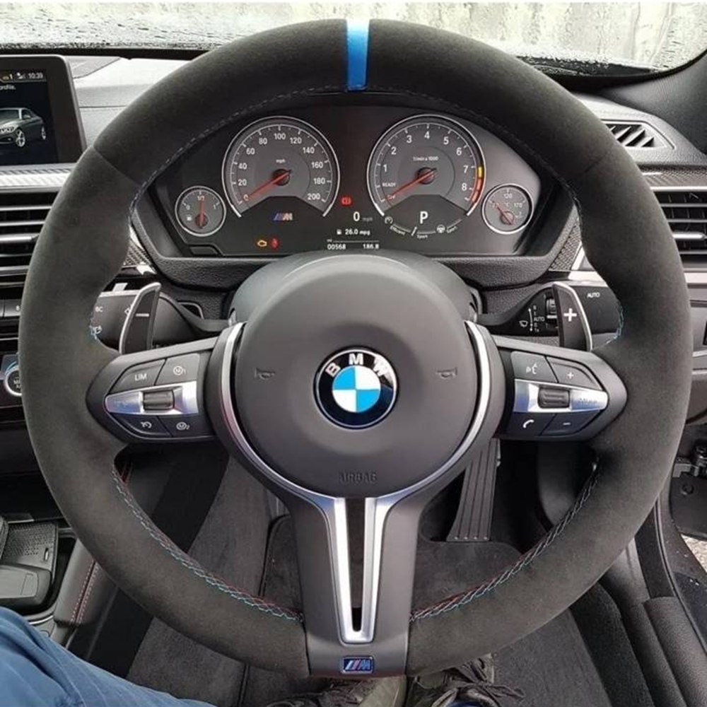 Penutup roda kemudi mobil kulit Suede kustom untuk F87 M2 F80 M3 F82 M4 2 M5 F12 F13 M6 F85 X5 M F86 X6 M F33 F30 M Sport