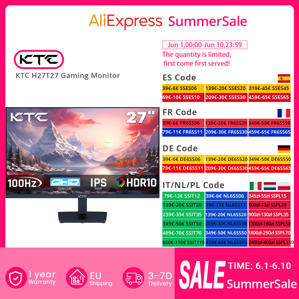 Monitor da gioco KTC H27T27, schermo IPS da 27" 2560x1440, velocità di aggiornamento 100 Hz, tempo di risposta HDR10 di 1 ms, luce blu bassa e senza sfarfallio