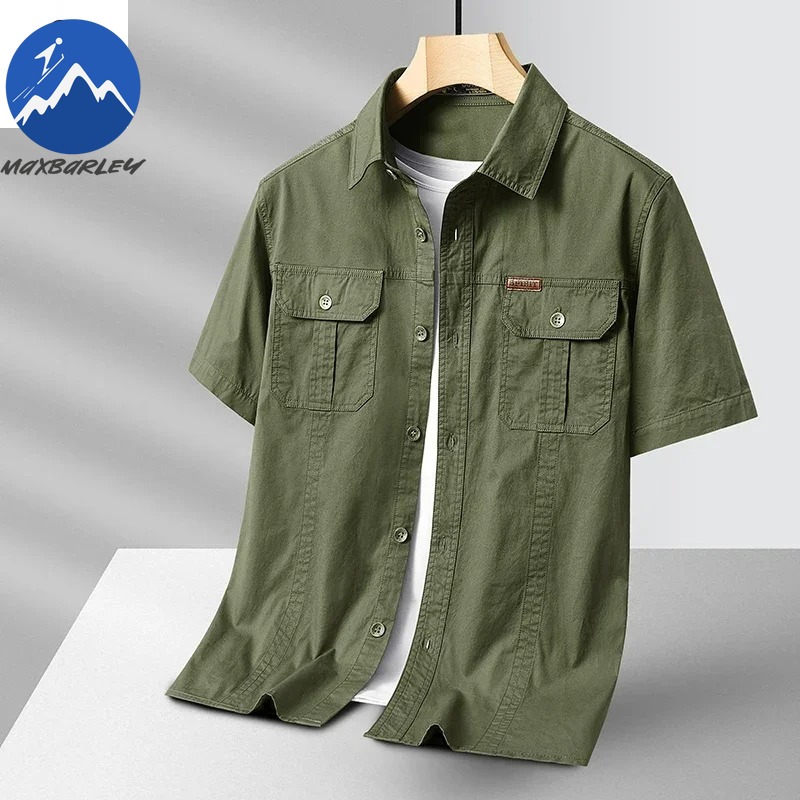 Chemise d'été à manches courtes pour hommes, 100 coton, rafraîchissante, respirante, absorbant la sueur, vêtements de travail d'escalade, chemise de pêche avec poches