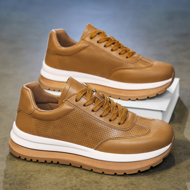 Męskie brązowe perforowane sneakersy ze sztucznej skóry, sznurowane, na grubej platformie, z amortyzacją, antypoślizgowa podeszwa, lekkie, do biura, na co dzień, do chodzenia, casualowe buty.