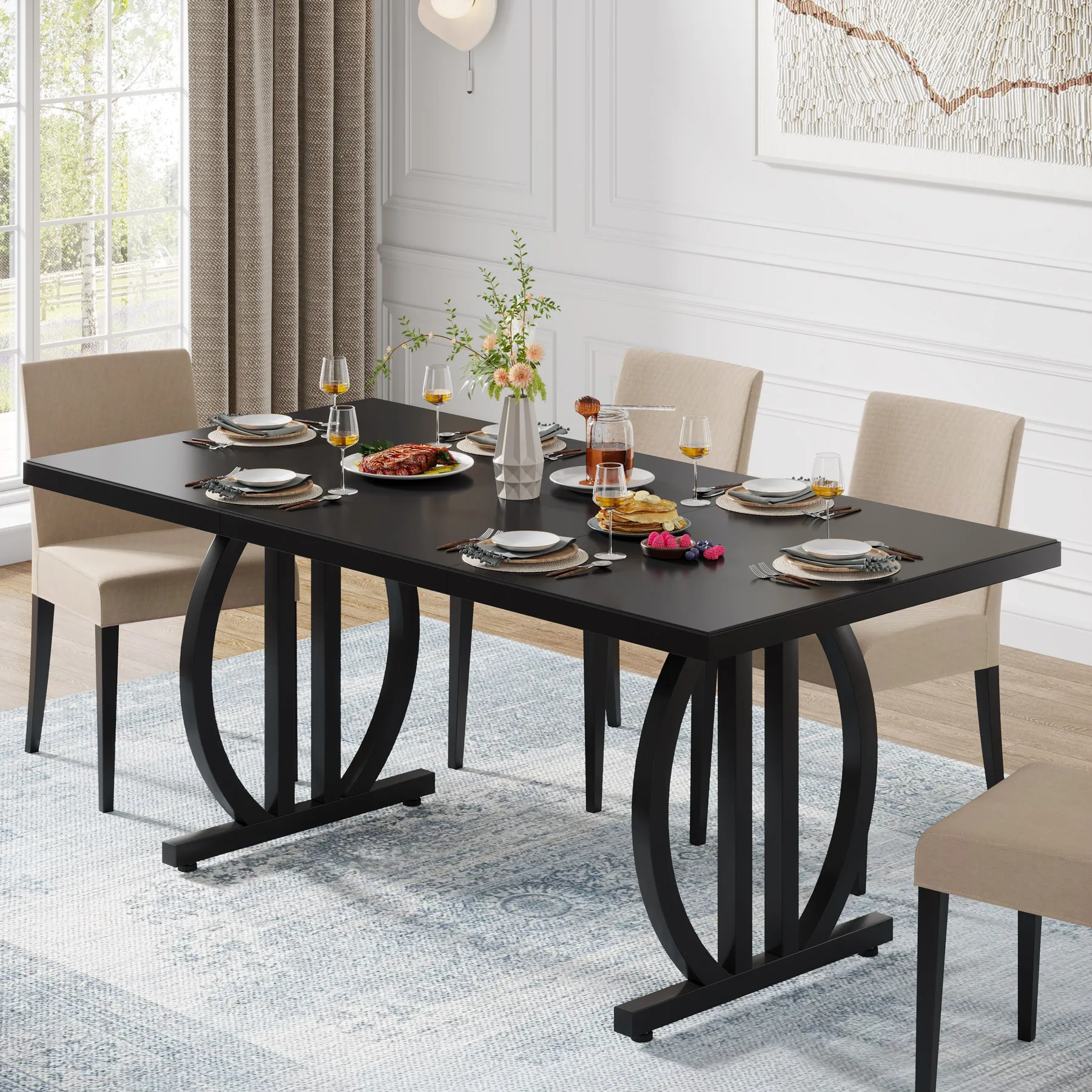 Tribesigns-Table à manger pour 4-6 personnes, grande table queen de 63 pouces avec cadre en métal rapide, table de cuisine industrielle moderne