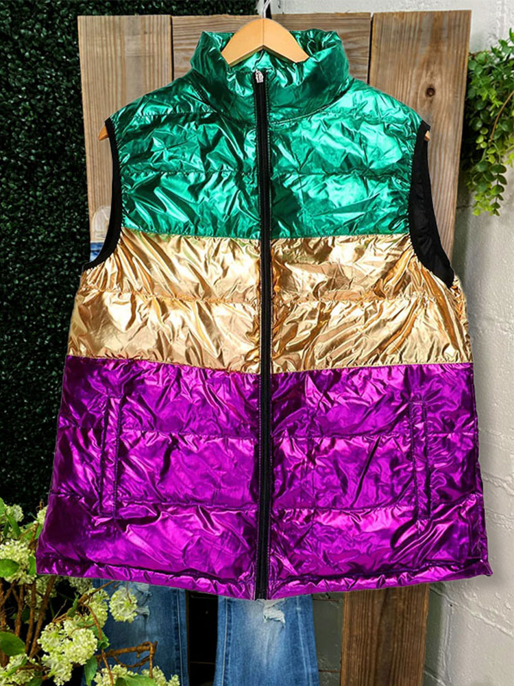 Gilet matelassé décontracté de couleur contrastée, gilet bouffant bloc de couleur Mardi Gras