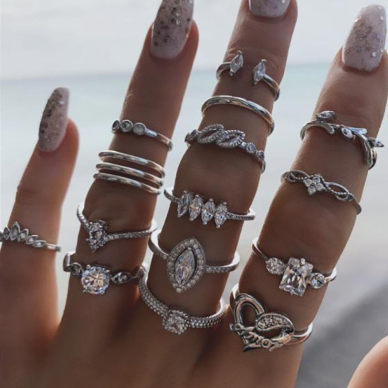 Conjunto de anéis estilo boêmio vintage, 15 peças, para mulheres, strass incrustados, anel de metal, joias da moda, presentes de festa para meninas