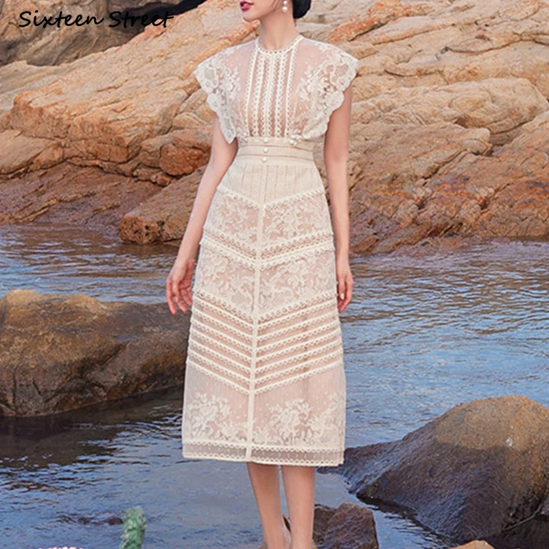 Vestido de encaje Vintage para mujer, vestidos ceñidos elegantes de manga corta con cuello redondo a rayas, vestido de fiesta de cintura alta para primavera