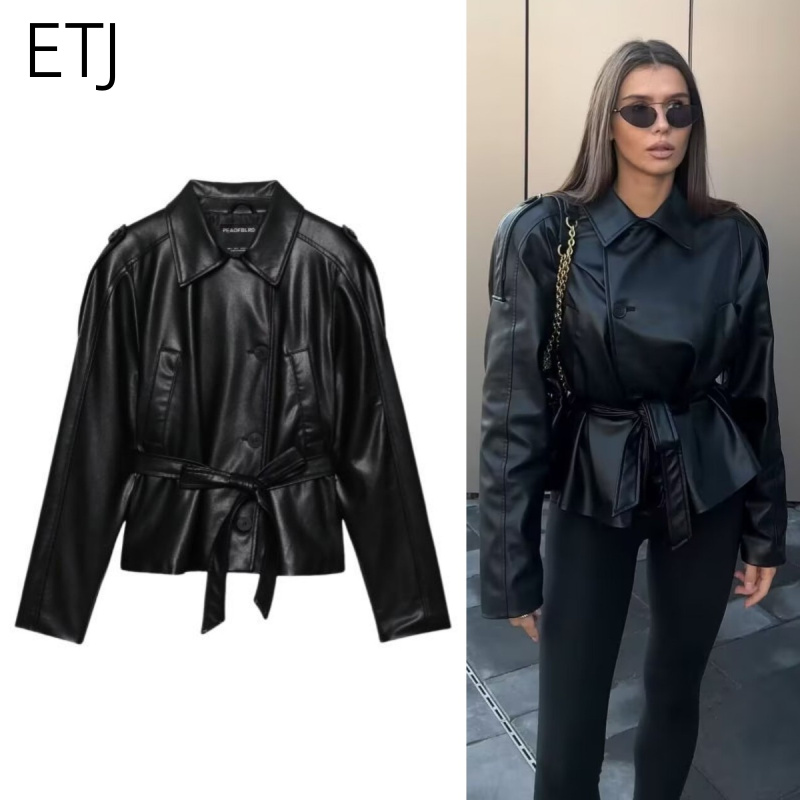 ETJ 2025 outono nova moda feminina cinto imitação de couro manga longa curto trench coat casaco de couro casual