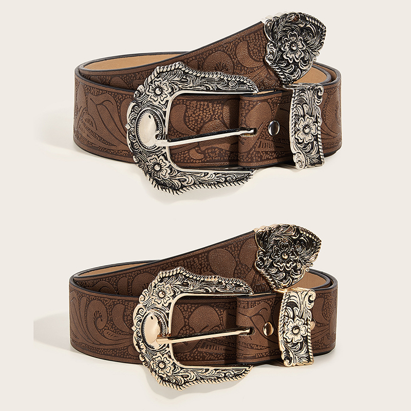 Cinto vintage de couro pu marrom ocidental, cinto feminino de cowgirl com fivela caved de metal, 3 conjuntos de cintos de grife para mulheres jeans