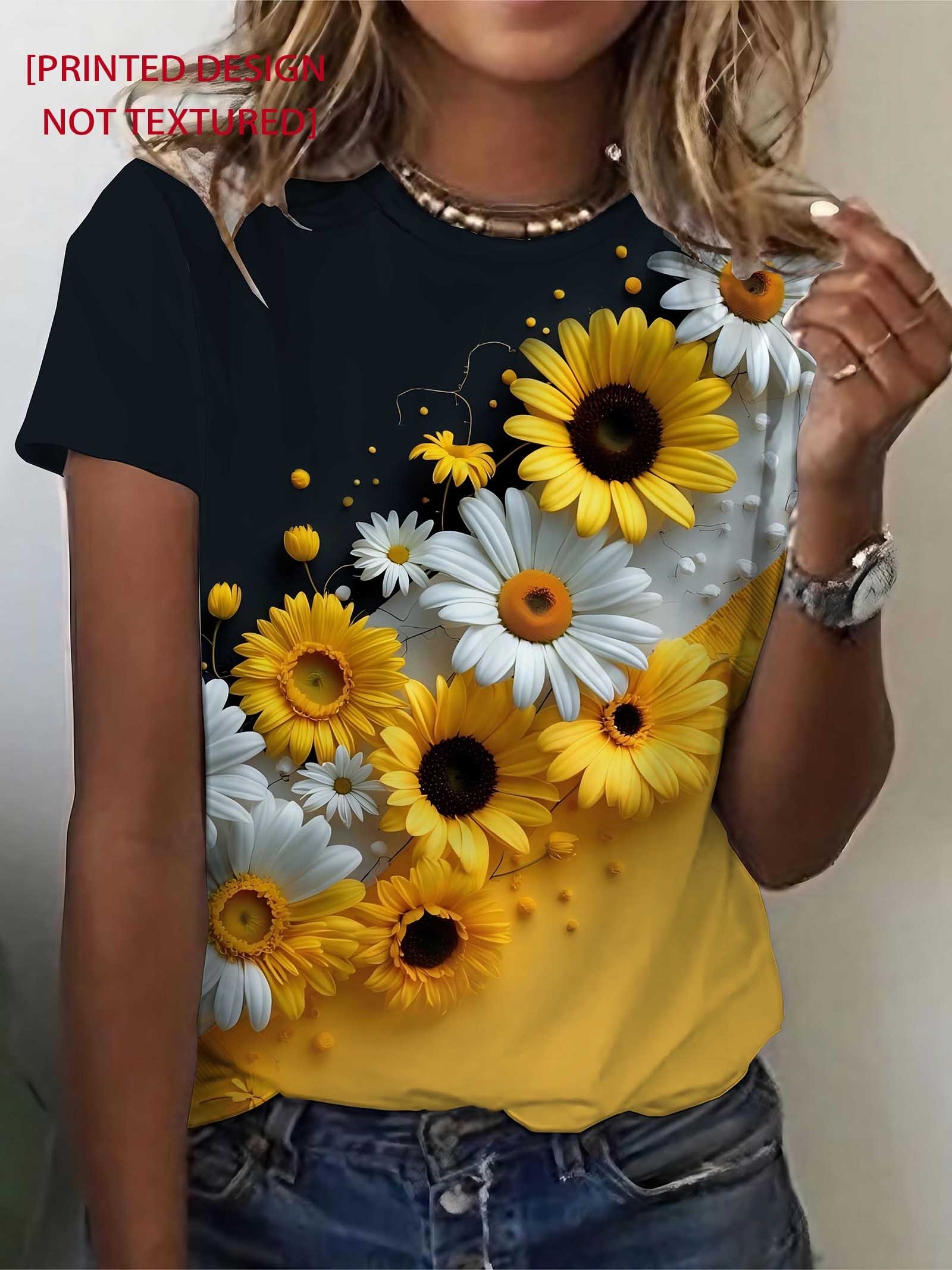Kaos Wanita - Grafis Buket Bunga Matahari & Aster, Desain Cetak Bunga Cerah untuk Pakaian Kasual Sehari-hari