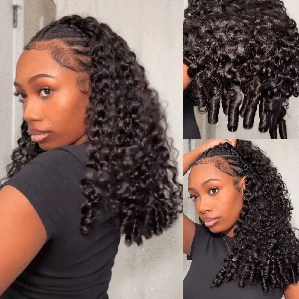 Birmanês encaracolado meia peruca de cabelo humano sem cola peruca de cabelo humano pronto para usar 3 em 1 meia peruca cordão afro kinky encaracolado meia peruca