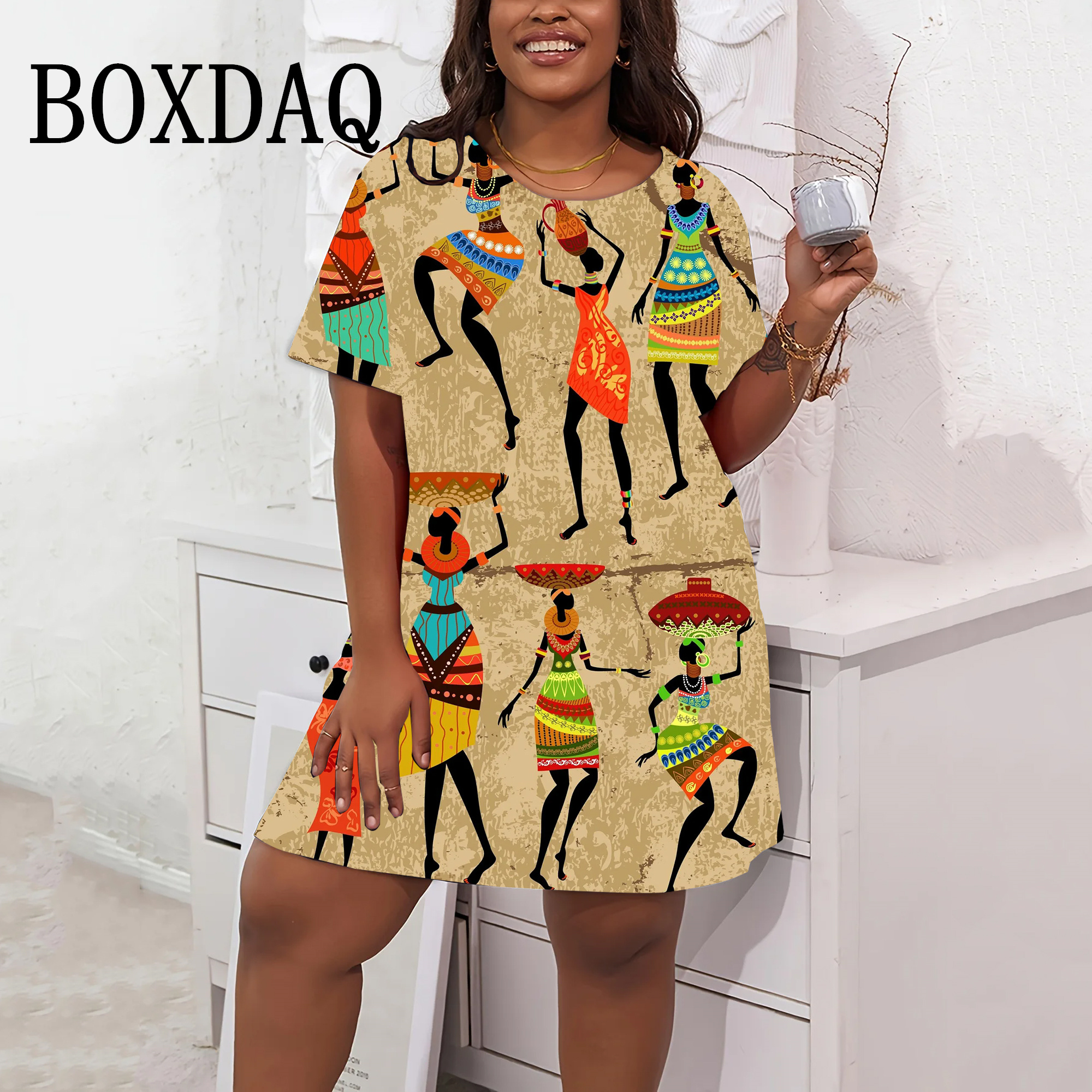 Moda verano 3D Horde africano vestido mujer Casual suelta manga corta vestidos de talla grande ropa de calle arte Retro clásico Vestido corto