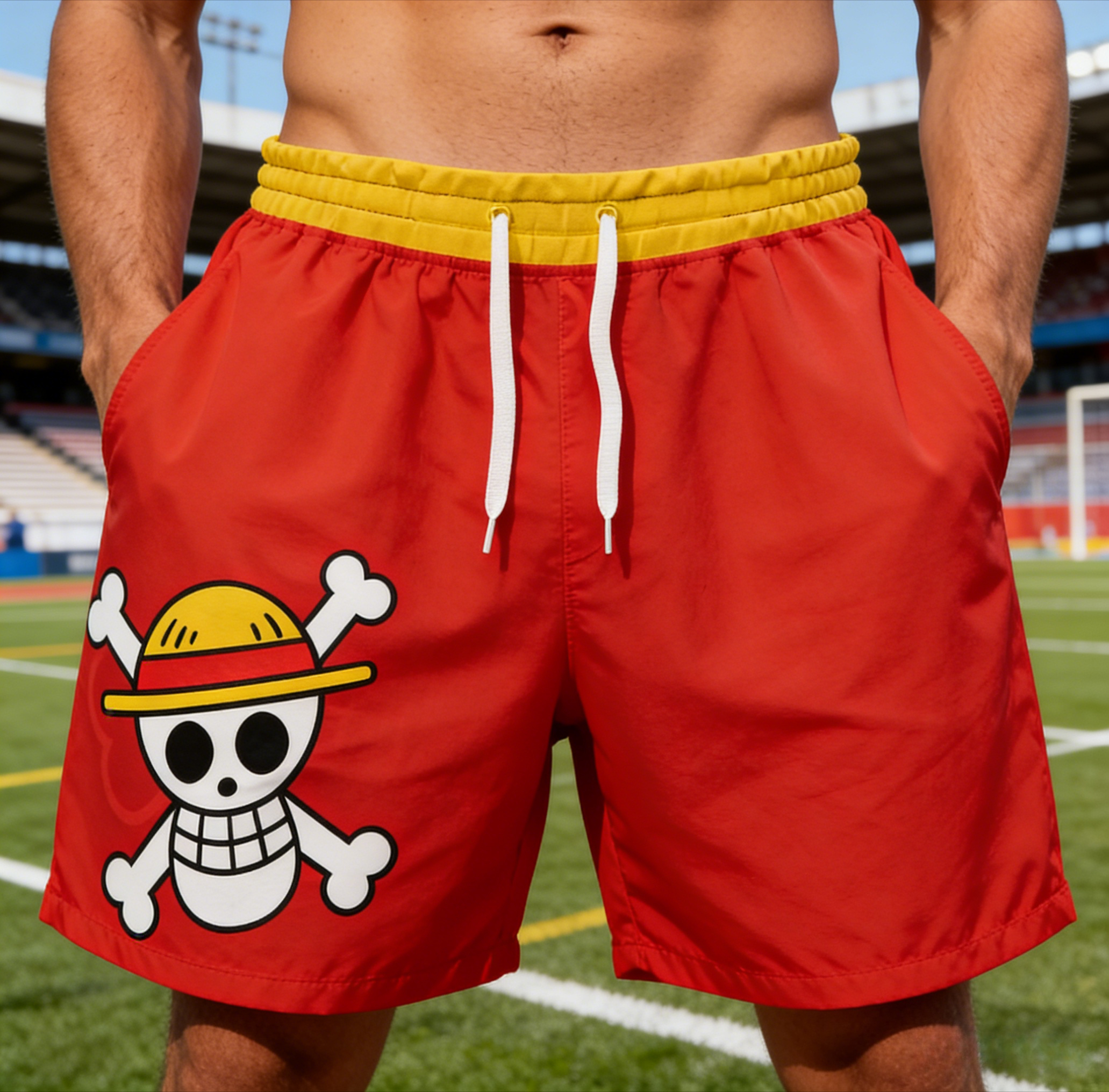 Szorty One Piece Luffy Piraci Słomkowego Kapitańskiego, czerwono-żółte, codzienne, z logo anime czaszki, szybkoschnące, sportowe, męskie letnie spodnie plażowe.