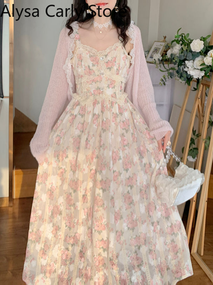 Vestido feminino de renda chiffon, bordado floral, vestido longo vintage de fada, doce princesa, vestidos de festa casuais, verão, 2022
