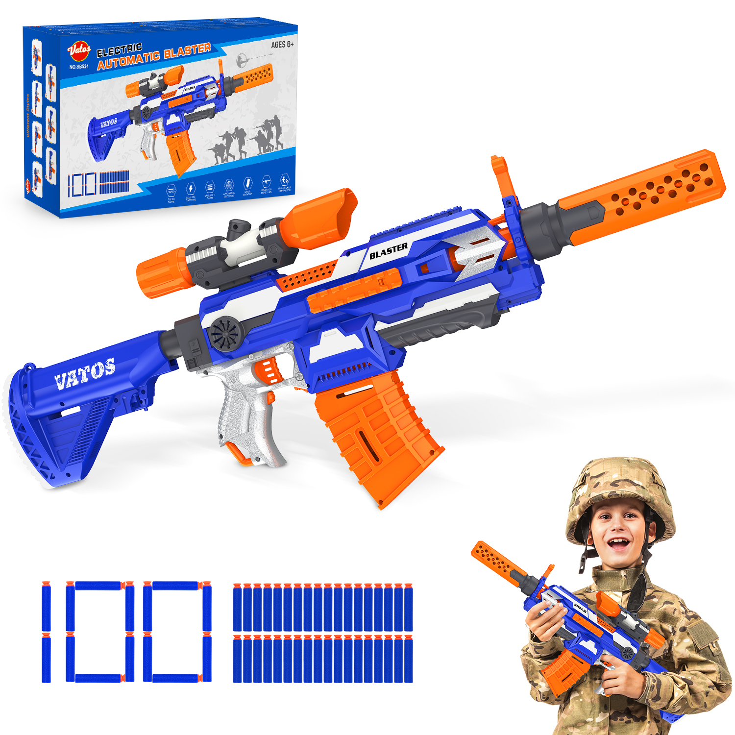 VATOS – mitrailleuse automatique de Sniper électrique avec portée pour garçons et filles, 100 pièces, fléchettes en mousse, jeu de tir pour enfants
