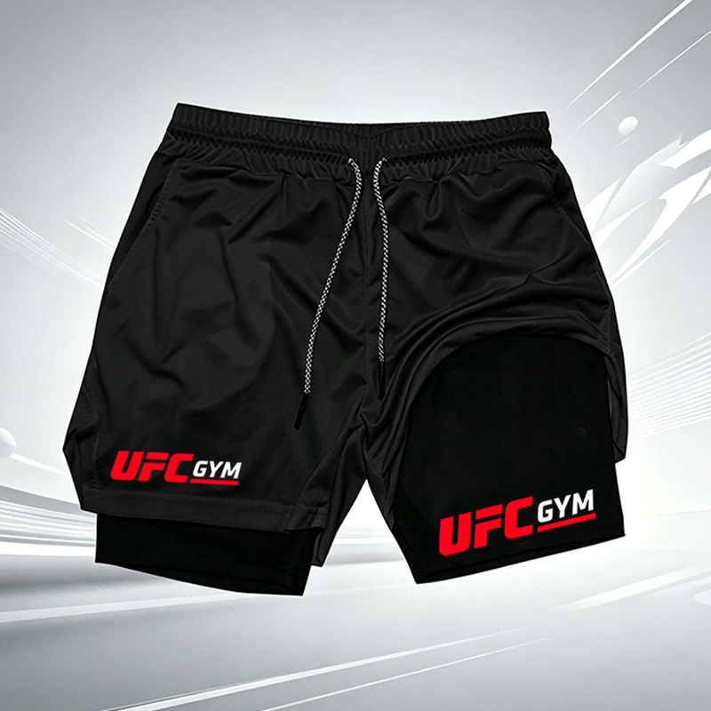 Shorts de compression 2 en 1 UFC GYM pour hommes, séchage rapide, respirants, pour la course à pied et l'entraînement en salle de sport, avec doublure intégrée et logo wx215