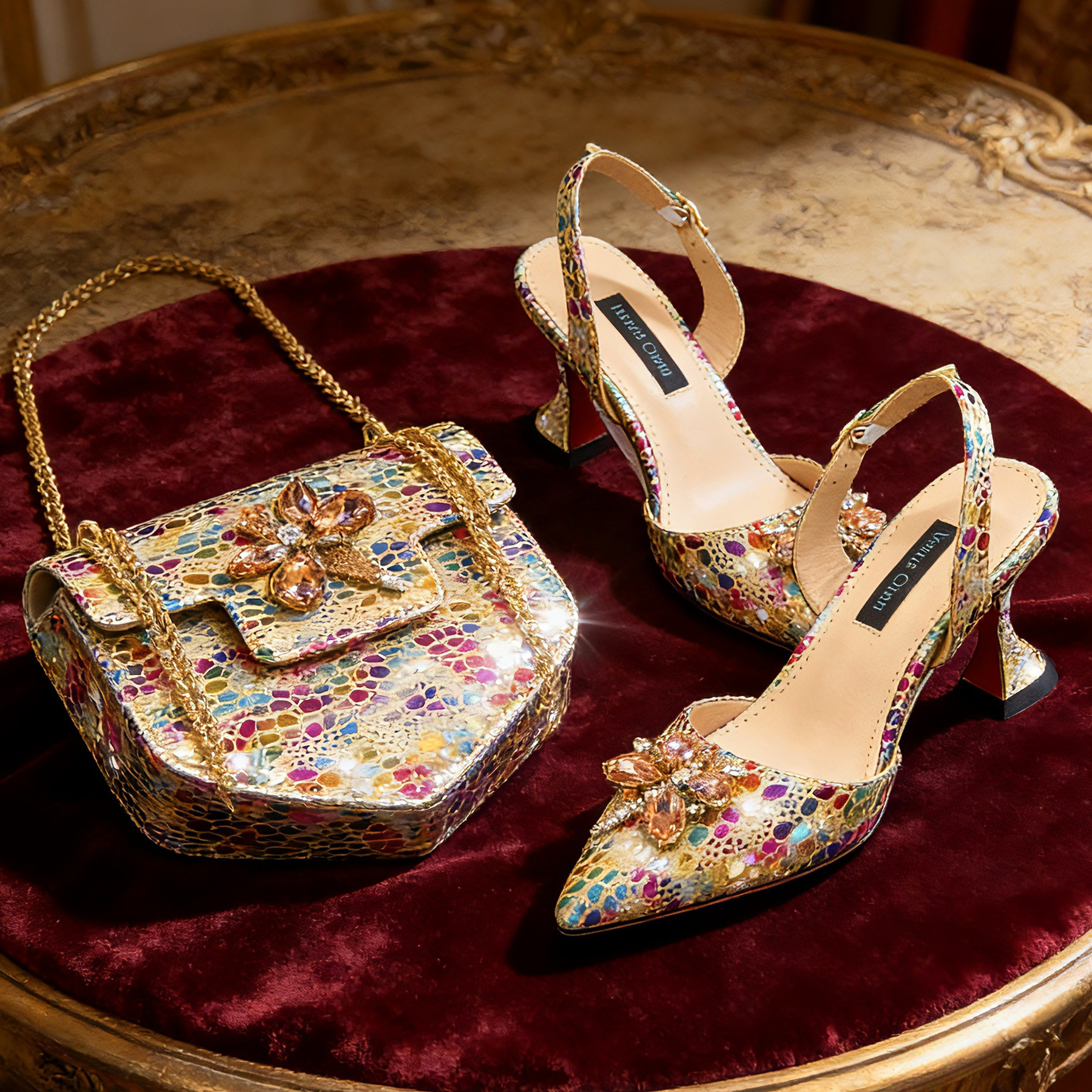 2026 Goldfarbene Pumps mit dünnen Absätzen, spitzer Zehenpartie und Kristalldesign, passendes Taschen-Set für Damen, für Hochzeiten und Partys
