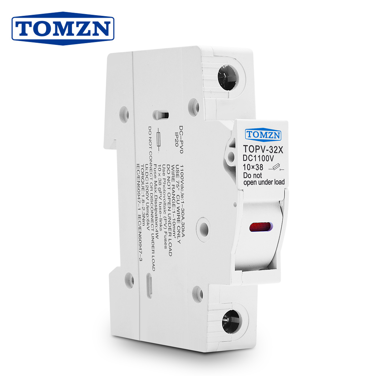TOMZN 1P Solar PV 1100V Sicherungshalter, geeignet für 10 x 38 mm PV-Sicherungseinsatz, Solarsystem-Schutzbasis, Photovoltaik-Schutz, GPV