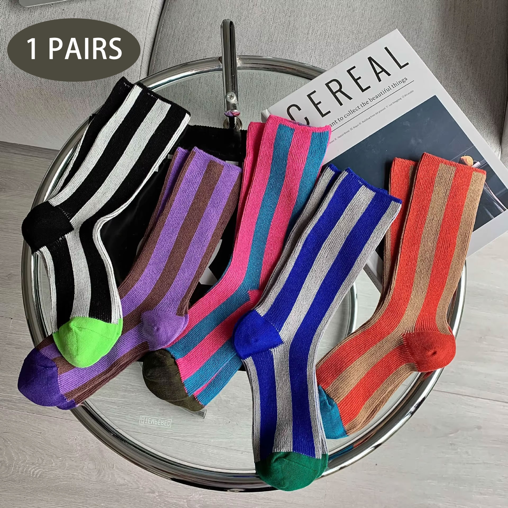 1 Paar hohe Sättigung, Dopaminfarben, gestreift, trendiger Skateboard-Sportstil, vertikal gestreifte mittellange Socken