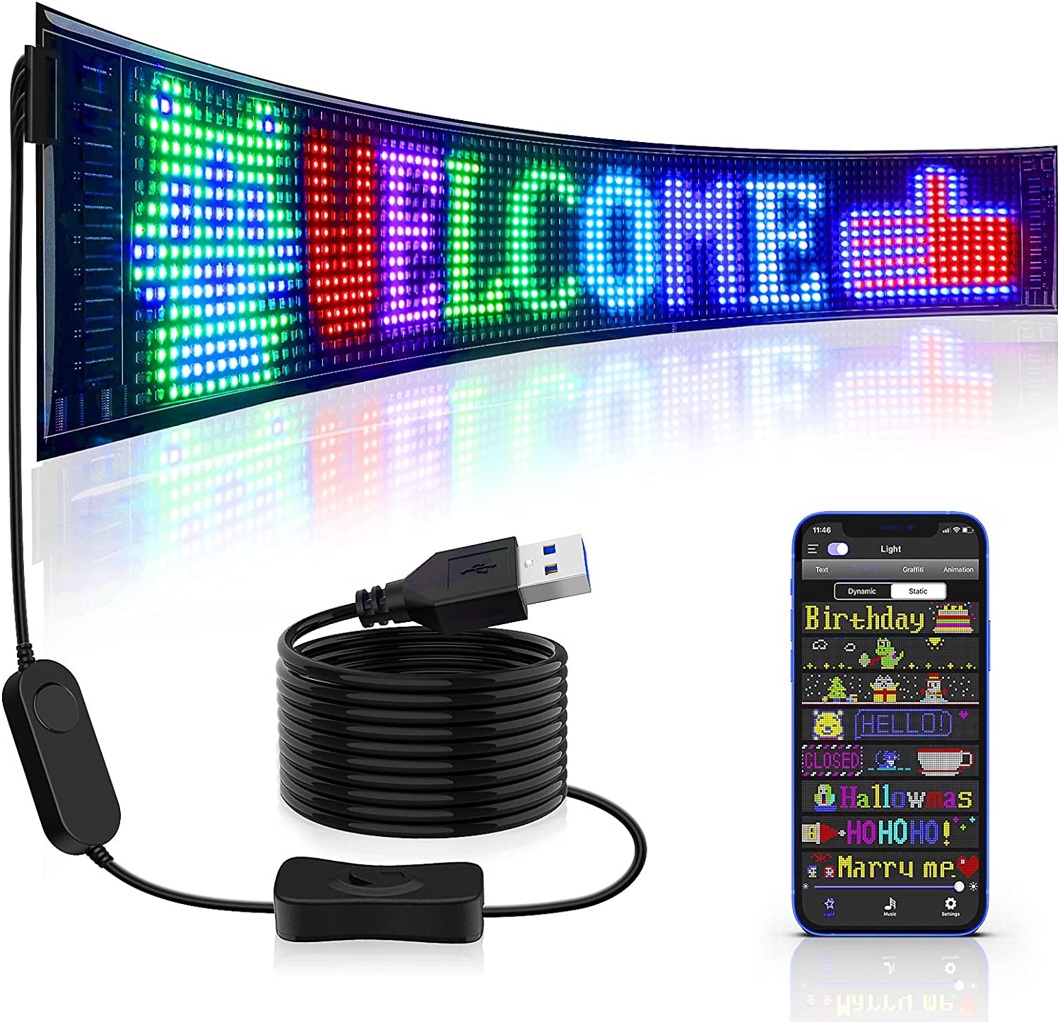 Panel piksel matriks LED, papan iklan LED terang bergulir, fleksibel USB 5V LED tanda mobil kontrol aplikasi Bluetooth