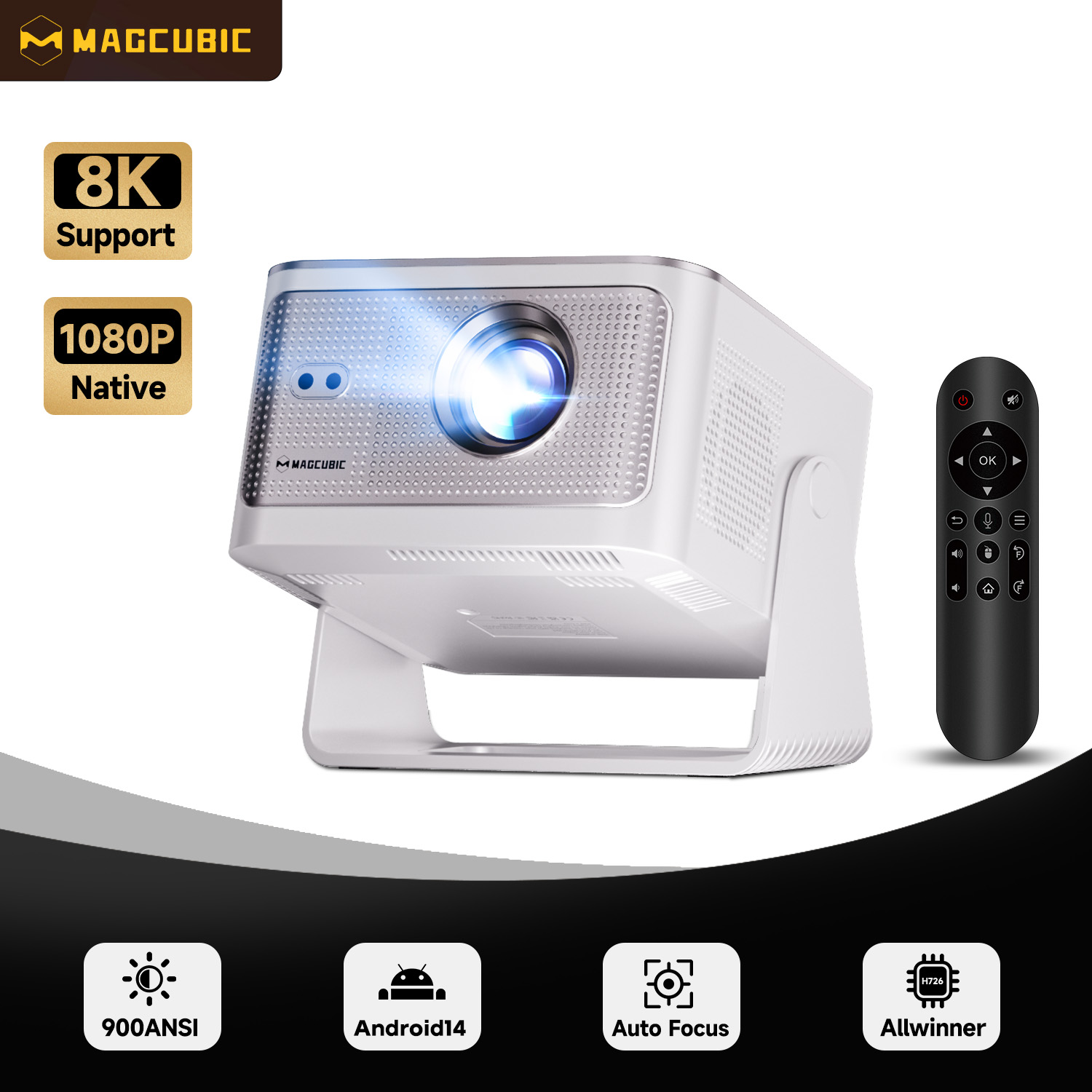 Projecteur Magcubic HY350Max avec télécommande vocale, 900 ANSI Lumens, 1080P natif, mise au point automatique, 8K WiFi6 BT5.4 2+16 Go, pour films en extérieur