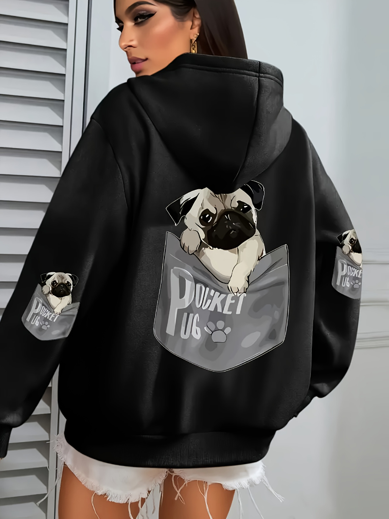 Poche carlin sweat à capuche femmes dessins animés chien imprime grande taille poches à capuche hiver polaire chaud sweats rue confortable animaux vêtements