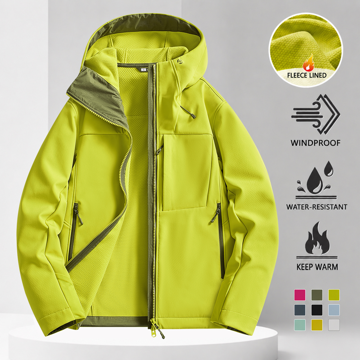 Men Fleece Lined Hooded Softshell Jacket, Windproof Waterproof Couple Outdoor Coat for Climbing Hiking, Winter Sports Outerwear