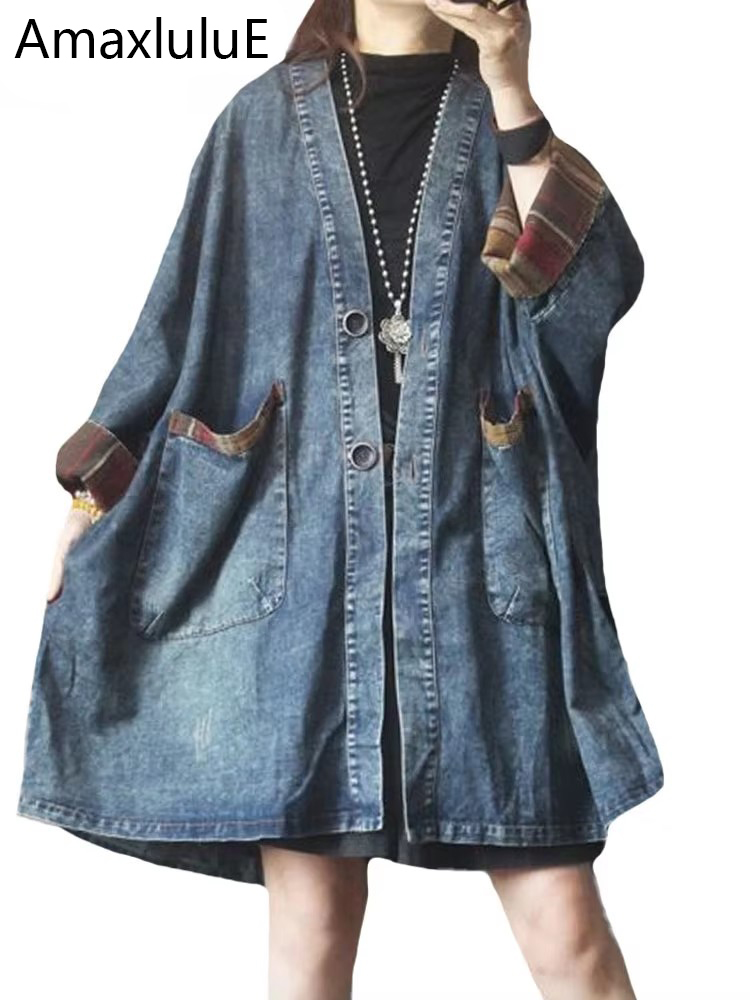 Amax luluE 2024 Autunno Moda Abiti Lunghi Delle Donne di Lusso Dell'annata Allentato Denim Trench e Impermeabili Signore Con Scollo A V Casual Punk Giacca A Vento