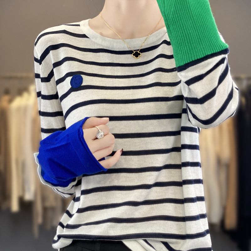 Dames Nieuwe Pure Wol Zachte Gesplitste Trui Gekrulde O-hals Gestreepte Trui Lente Herfst Casual Gebreide Mode Top
