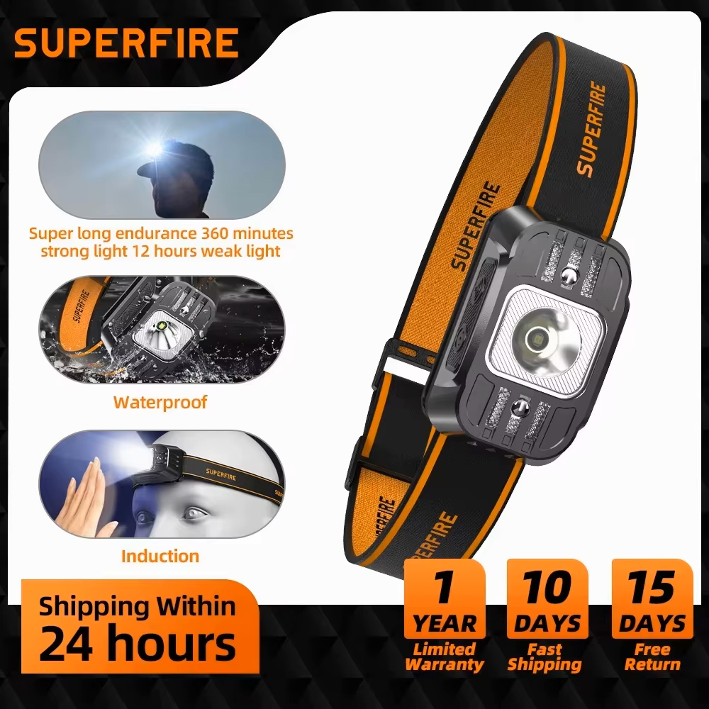SUPERFIRE ミニ LED 充電式 USB C ヘッドランプハイパワーミニヘッドランプ光センサーヘッドライトフロントライト作業釣り用