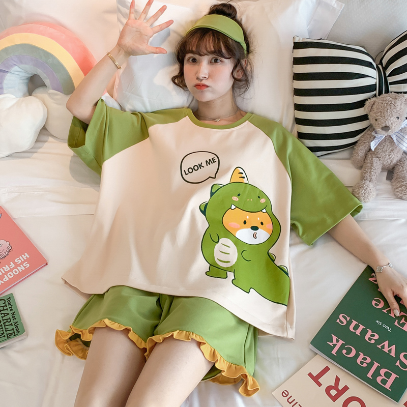 Pijama de dinosaurio de dibujos animados verde para mujer, ropa de dormir holgada de manga corta, estilo princesa, talla grande, para estudiantes, 2 unidades por Set