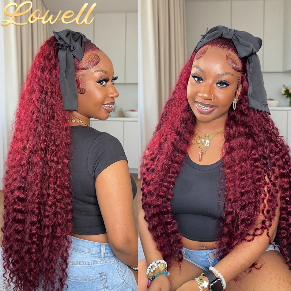 Peluca frontal de encaje HD 13x6 de onda profunda 99J Borgoña, peluca de cabello humano Remy rizado rojo 13x4 con onda de agua, cabello pre-arrancado de color birmano