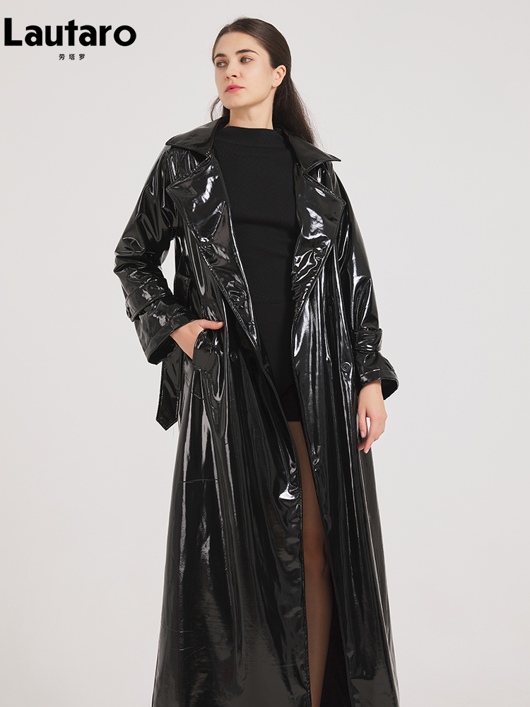 Lautaro primavera outono preto brilhante reflexivo macio couro de patente trench coat para mulheres designer luxo até o chão roupas 2024