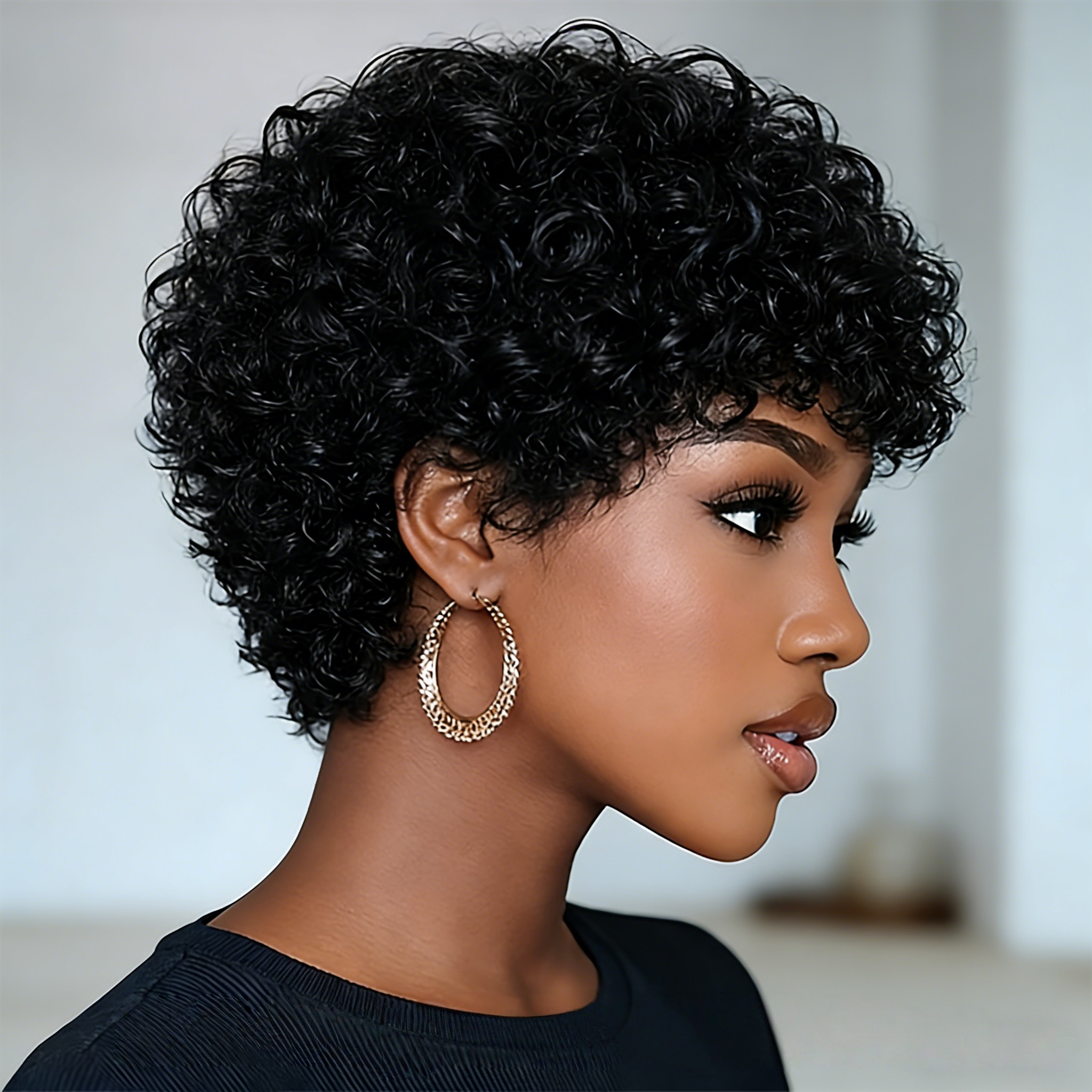 Kort Pixie Cut pruik van echt haar, Afro kinky krullend met pony voor vrouwen, volledig machinaal gemaakt.