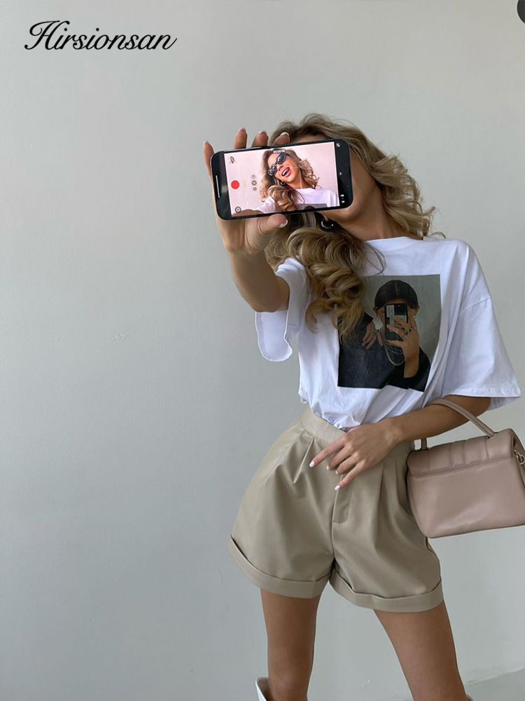Hirsionsan-Camiseta con estampado Harajuku para mujer, camisetas holgadas informales de manga corta para mujer, Top de calle de algodón 2023 de gran tamaño 100%