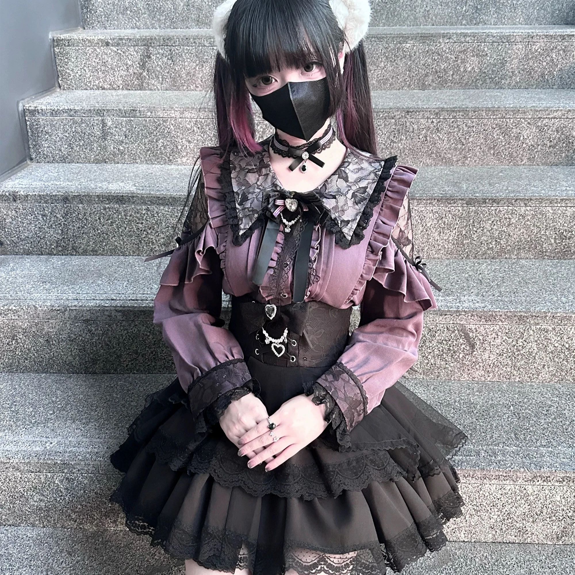 Jirai kei Shirt JK Skirt Lolita Y2K Sweet Japanese Style Purple Long-Sleeve School Uniform Blouse High-Waisted Darkness Outfit