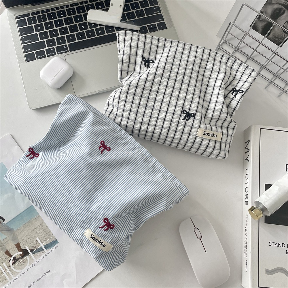 Bolsa de maquillaje bordada a cuadros a rayas, bolsa de cosméticos para mujer, organizador de viaje de maquillaje con cremallera portátil, bolsa de almacenamiento de artículos de tocador para mujer