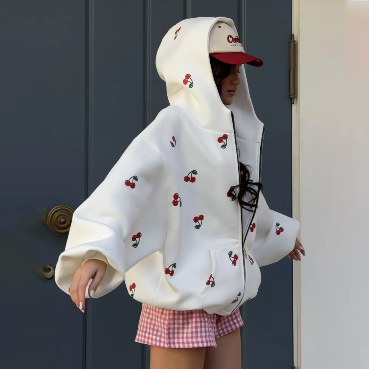 JHJN Cherry Print  Women's  Hoodie Jacket Street Fashion Girl a Birthday Present Chao Pai Easy Sports Hoodie  Luxury Brand