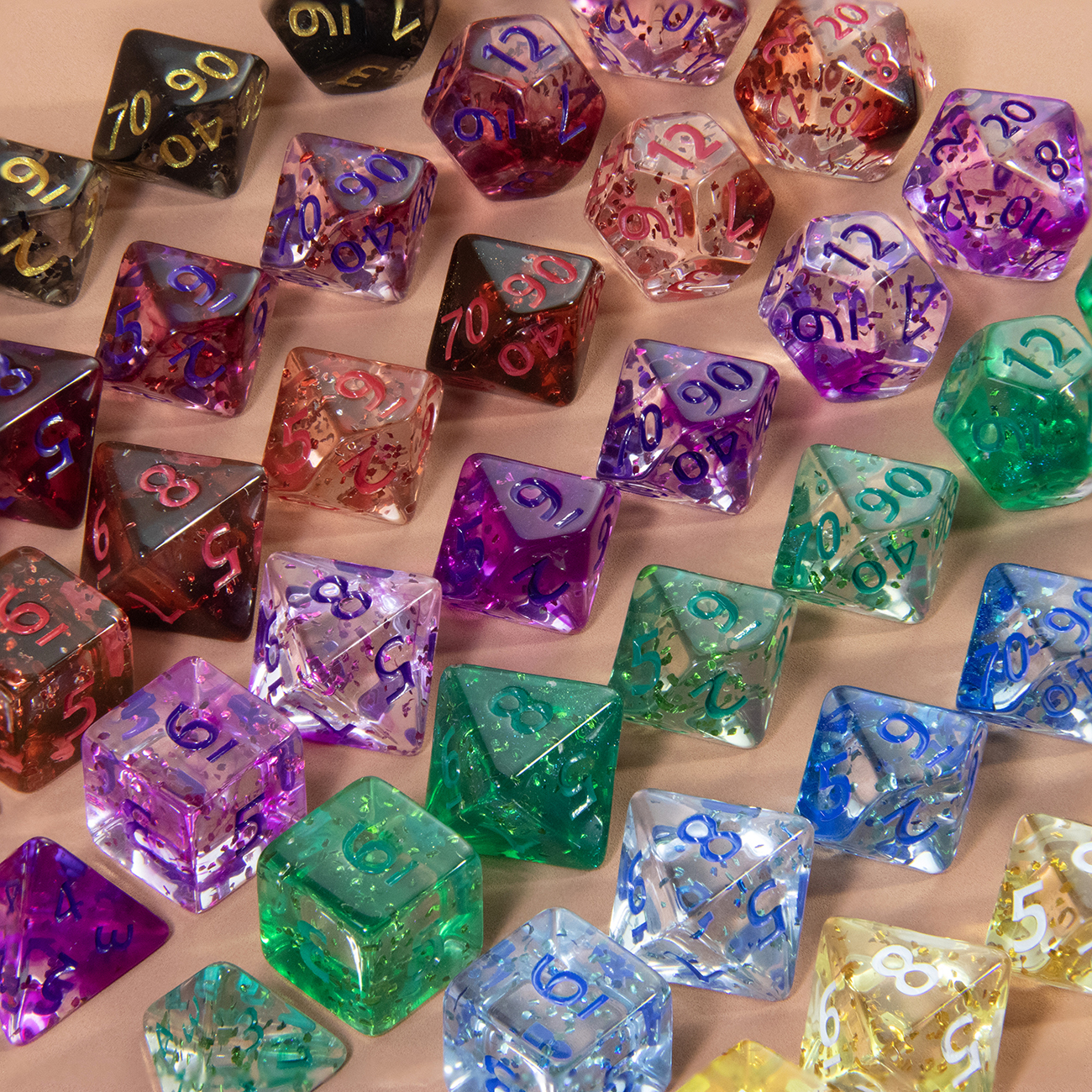 多面体ダイスセット 透明 D&D ダイス グリッター効果付き ボードゲーム ロールプレイングゲーム用 D4 D6 D8 D10 D00 D12 D20 DICE