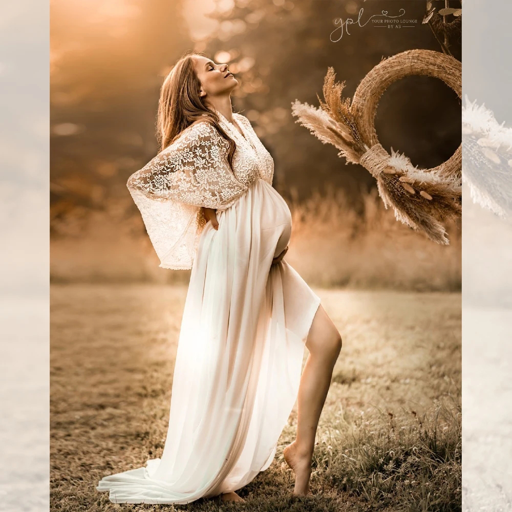 Vestidos de fotografía de maternidad bohemios de encaje, vestido Sexy de gasa con cuello en V para embarazo, vestido para Baby Showers, vestidos para sesión de fotos de mujeres embarazadas