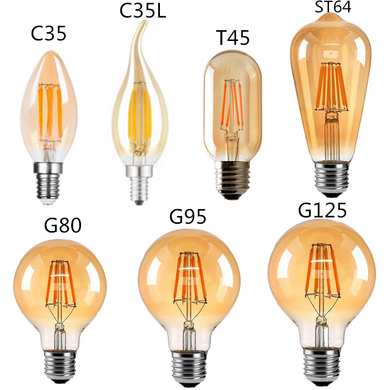 Bohlam lampu filamen Edison LED, bohlam Retr coklat emas T45 G80 G95 G125 4W 8W 2700K E27 AC 220V 110V peredup restoran kamar tidur