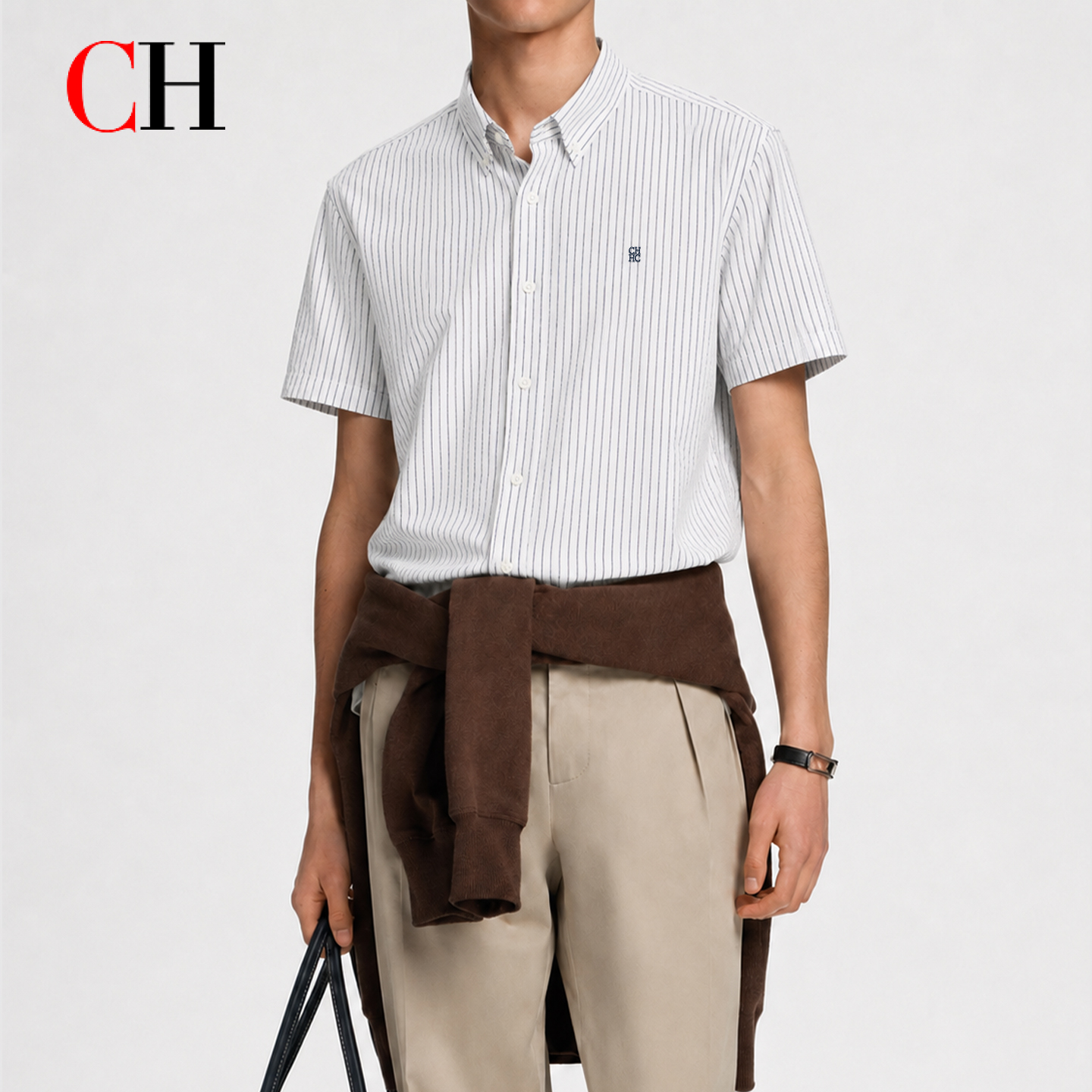CH Men Thin Vertical Stripe Short Sleeve Shirt Tiny Embroidery Left Chest Quiet Luxury Business Vacation Wear