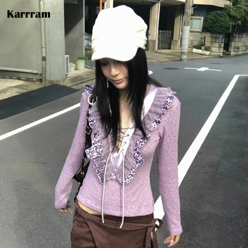 Karrram giapponese Y2k volant top in maglia vintage Harajuku manica lunga scollo a V T-shirt in maglia Trashy anni 2000 pizzo viola maglieria