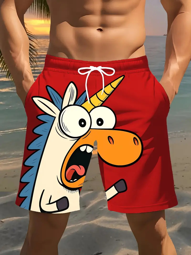 Men's Cartoon 3D Print Beach Shorts, Quick-Drying Fitness Sports Fashion Loose Shorts, Summer Beach Vacation Swim Trunks