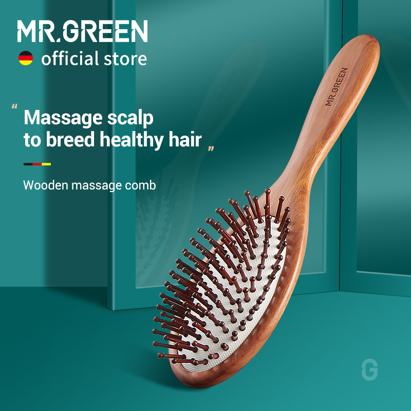 MR.GREEN-Escova de cabelo antiestática de madeira natural, pente de massagem do couro cabeludo, almofada de ar, ferramentas de styling para mulheres e homens