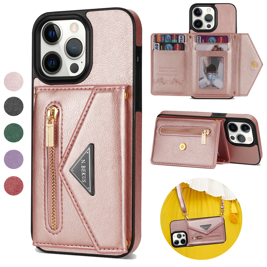 Cartera lateral con ranura para tarjetas, Funda de cuero cruzada con tapa magnética y cremallera para iPhone 17 Air 16e 16 Pro Max 15 Plus 14 13 12 11 XR