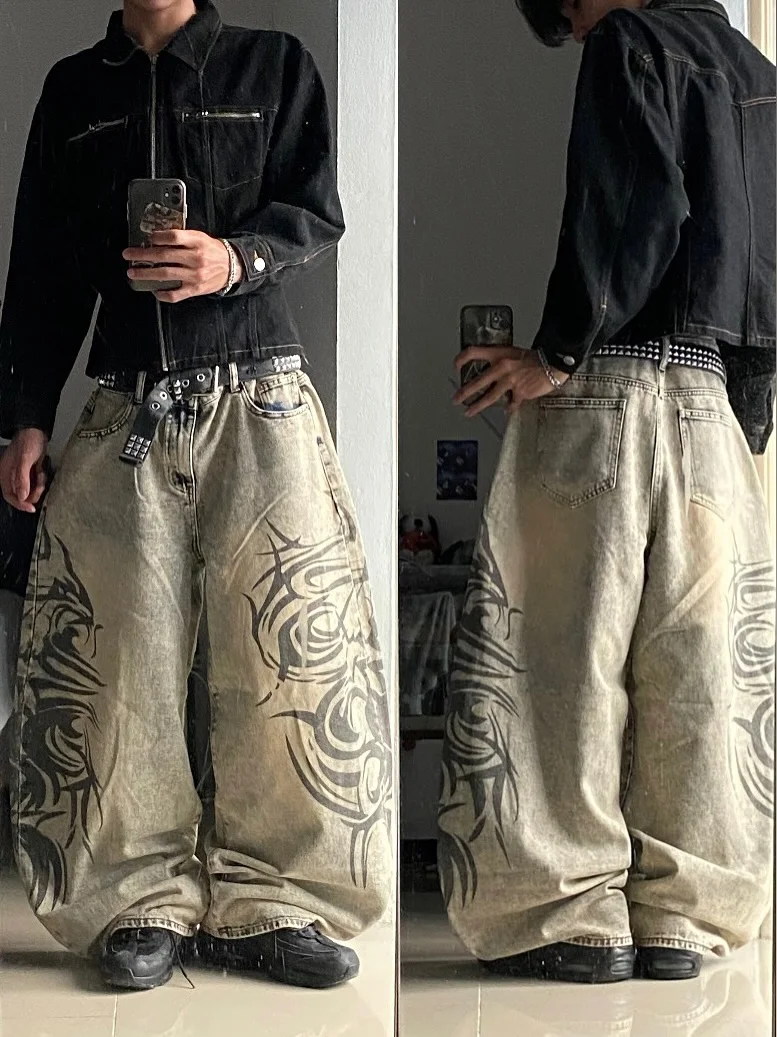 Americano y2k nova impressão cinza jeans baggy das mulheres dos homens de rua alta vintage hip hop harajuku casual coringa casal calças de perna larga