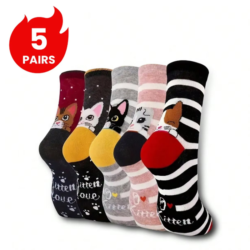 5 Pairs of Women's Crew Socks with Cat Patterns, Cute, Unique, Fun, Comfortable, Moisture-Wicking