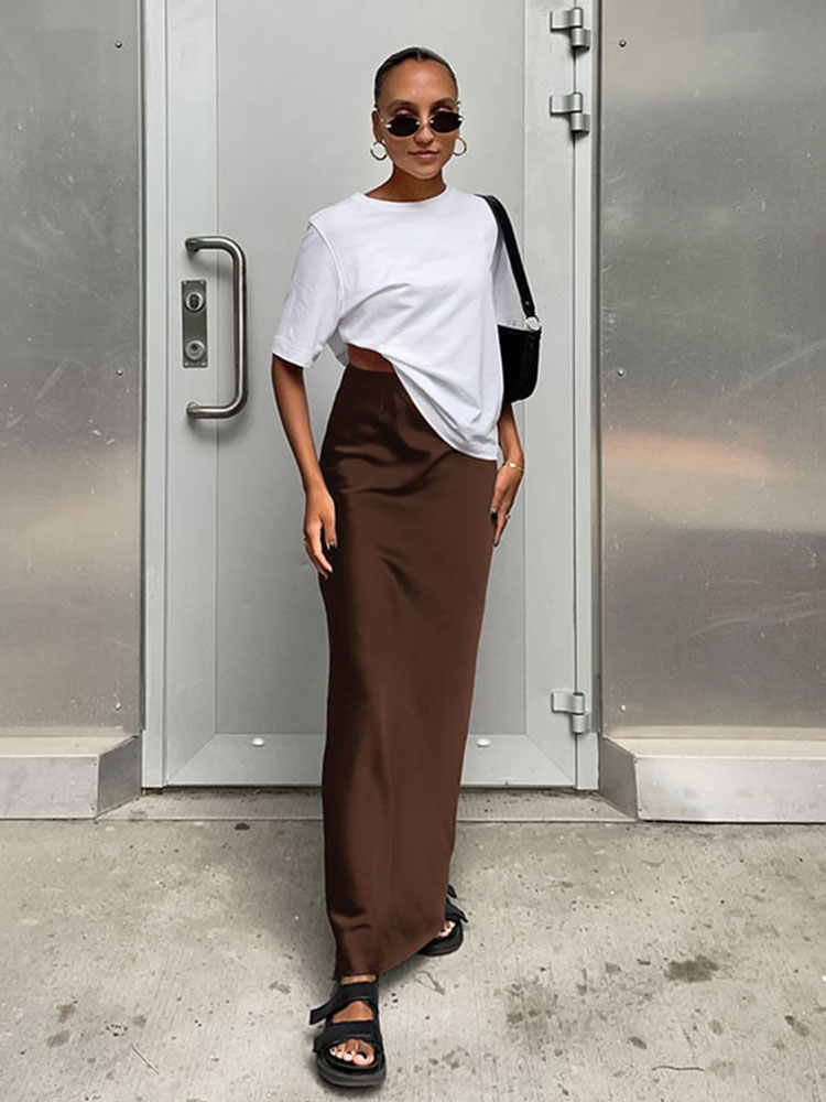 Elegant ซาตินสีดําทรัมเป็ตกระโปรงแฟชั่น Slim High เอวกระโปรงผู้หญิงหญิง Solid Office กระโปรงยาวฤดูใบไม้ผลิฤดูร้อน